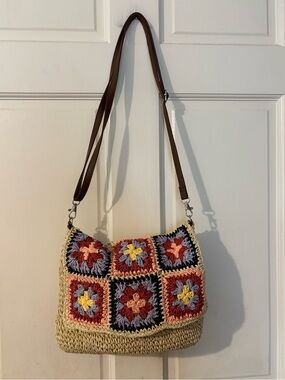 Crochet Patchwork Shoulder Bag in Multicolor with Brown Strap, sz 12 x 9.5 inc